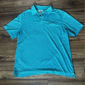 Duluth Trading Striped Blue Polo Tee Mens L Tech Top Golf outdoor casual EUC